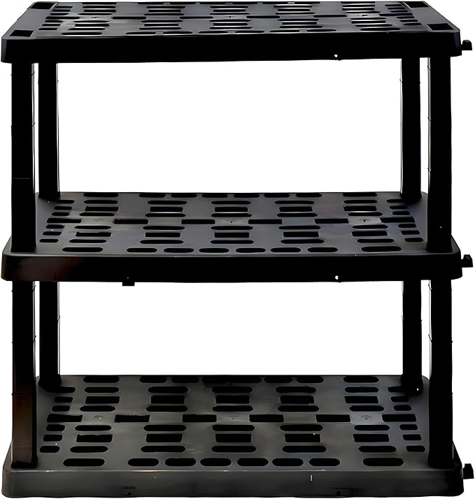 Oskar Heavy Duty Plastic Storage Shelves- for Garage, Kitchen, Bathroom Basement Kids Room, Stackable 3-Tier Black Organizer Rack for Books Shoes, Toys, Pantry, Cleaning and Closet Organization Koolatron