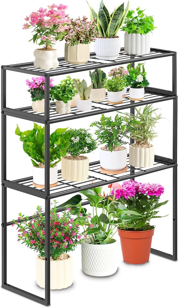 Metal Plant Stand Indoor Outdoor, 3 Tier Potted Multiple Flower Pot Holder Rack Plant Shelf, Heavy Duty Planter Display Shelving for Patio Balcony Garden Living Room Decorative (Black-3 Tier) Gouisalin
