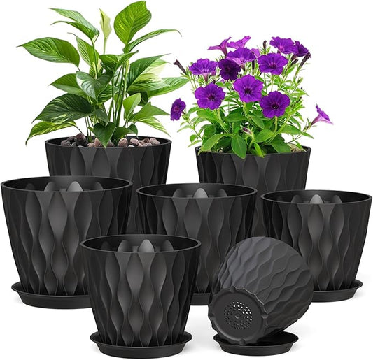 7/6.5/6/5.5/5/4.5/4 inch Plant Pots for Indoor Outdoor Plants, 7 Pack Thick Flower Pots with Drainage Holes and Saucers, Modern Wave Texture Plastic Planter Pots for Nursery, Succulent, Black Meowell