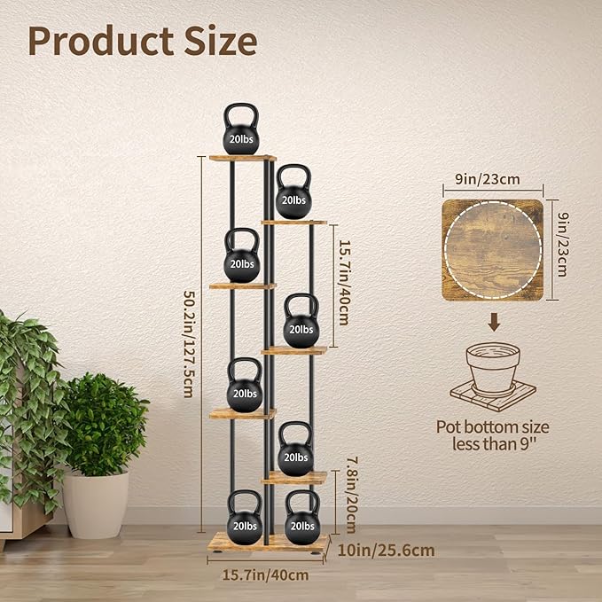 LASZOLA Black 6 Tier Wood Tall Plant Stand Indoor with Grow Lights, Large Heavy Duty Vertical Corner Rack for Multiple Planter, Sturdy Metal Rustic High Flower Shelf Holder Organizer for House Patio LASZOLA