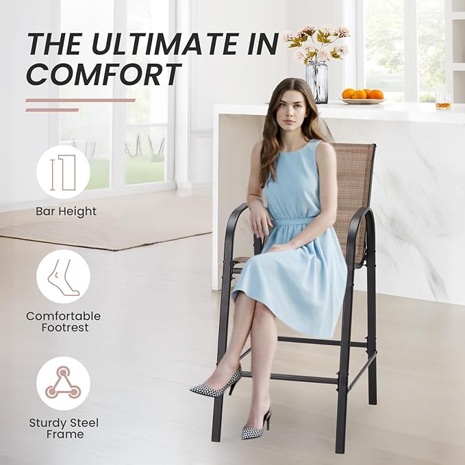 HOMREST Outdoor Bar Height Stools Set of 4,High Back Patio Chairs with Armrests,Textilene Chairs with Breathable Fabric & Metal Frame for All Weather,Brown HOMREST