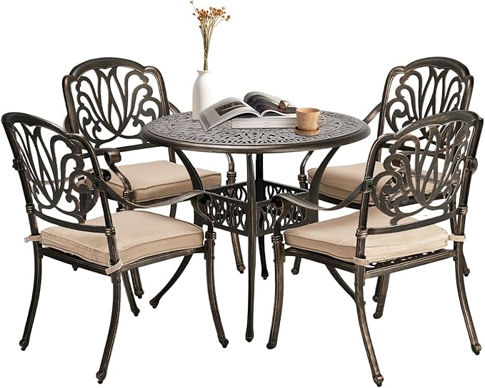VINGLI 5-Piece Outdoor Patio Dining Set, Cast Aluminum All-Weather Outdoor Table and Chairs w/Cushion, Outdoor Furniture Set w/Umbrella Hole for Backyard Deck Poolside (Round, Elizabeth Back) VINGLI