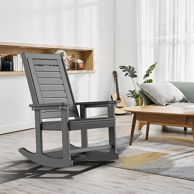GREENVINES Outdoor Rocking Chairs | Set of 2 | Porch Rocker | HDPE Plastic | Grey | Oversized Rockers | High Back | Big & Tall | Ladder Back | for Patio Outside Backyard Balcony Garden GreenVines