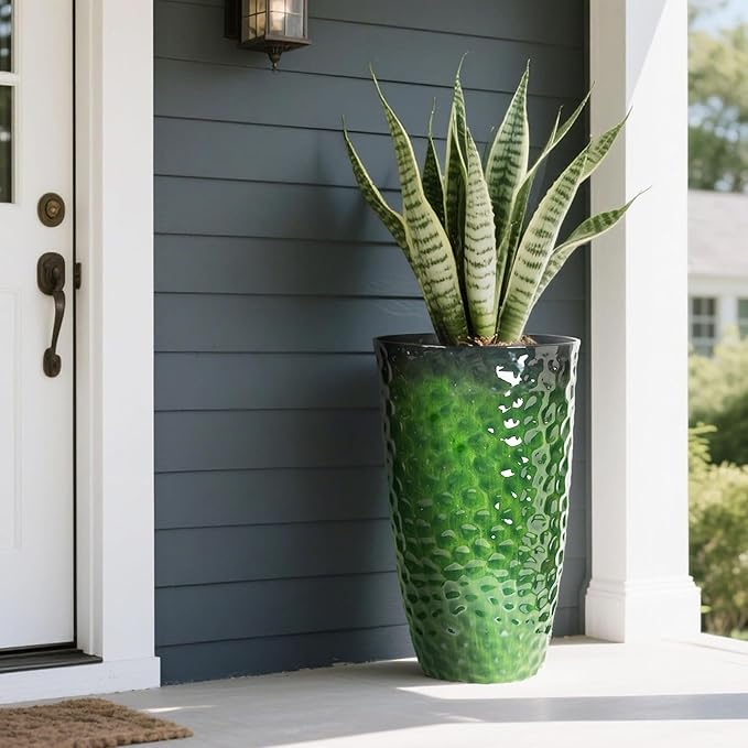 Worth 2 Pack 24" Tall Large Plastic Planter with Drainage Hole, Round Decorative Flower Plant Pit for Indoor or Outdoor Gardening, Glossy Green WORTH