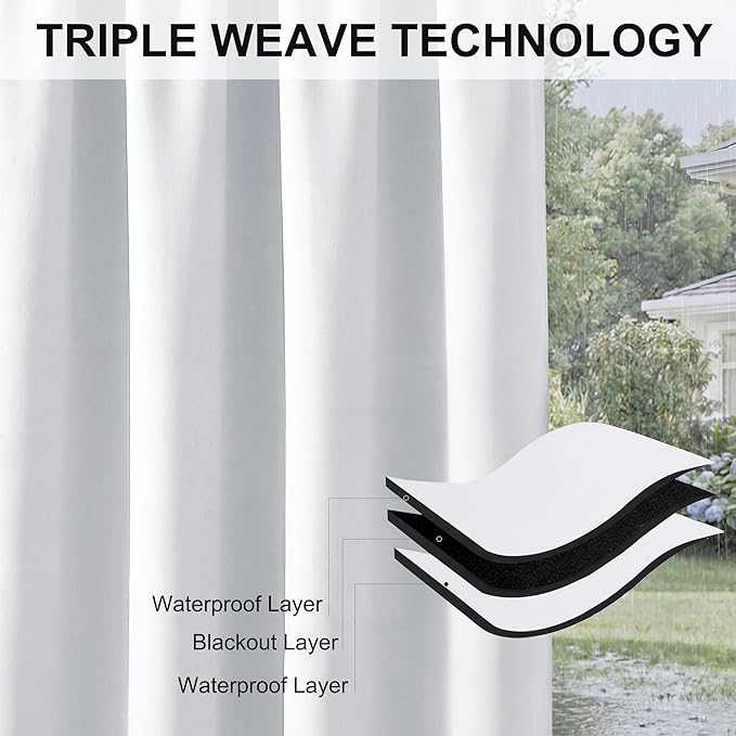 RYB HOME Extra Wide Outdoor Curtains for Patio Waterproof Heavy Duty Thermal Insulated in Summer Full Coverage Privacy for Porch, Gazebo & Pergola, W100 x L84, Greyish White, 1 Panel RYBHOME