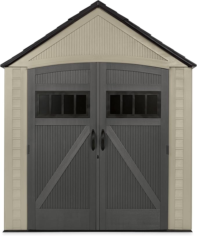 Rubbermaid Resin Outdoor Storage Shed with Floor (7 x 7 Ft) Weather Resistant, Brown Gable, Organization for Home/Backyard/Garden Tools/Lawn Mower/Bike Storage/Pool Supplies Rubbermaid