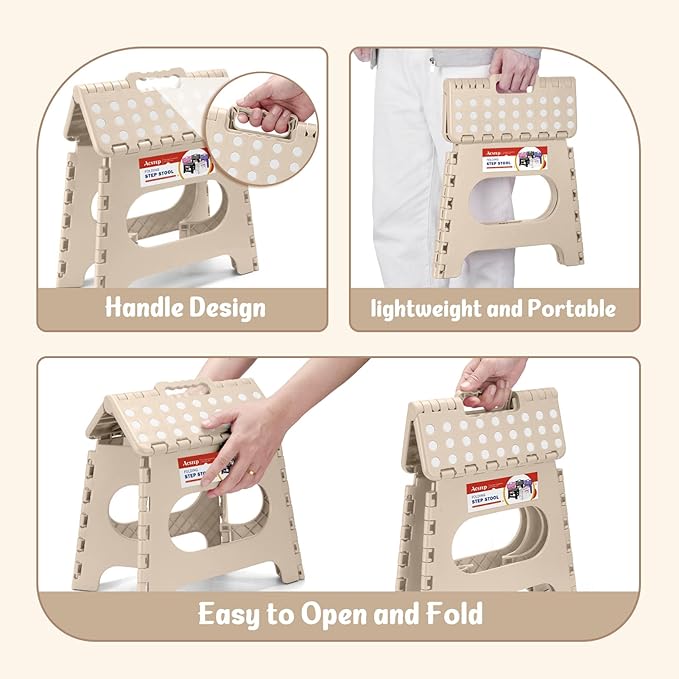ACSTEP Folding Step Stool 11 Inch, Sturdy Plastic Foldable Step Stool for Kids & Adults, Non Slip Lightweight Collapsible Foot Stools Holds 300 lbs, Ideal for Kitchen, Bathroom, Outdoor, Khaki ACSTEP