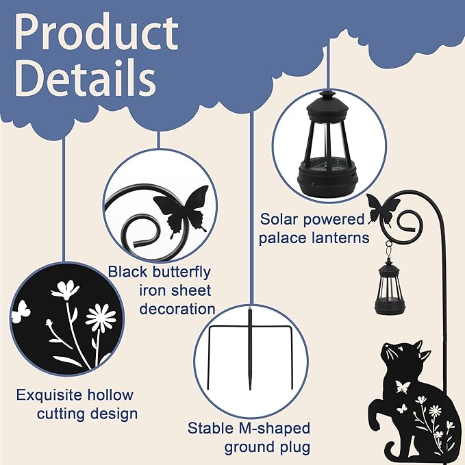 Solar Cat Lantern Garden Stakes - Outdoor Decorative Solar Lights for Yard, Patio, Pathway - Weatherproof Metal Cat Stake with Auto Night Lighting Rootora