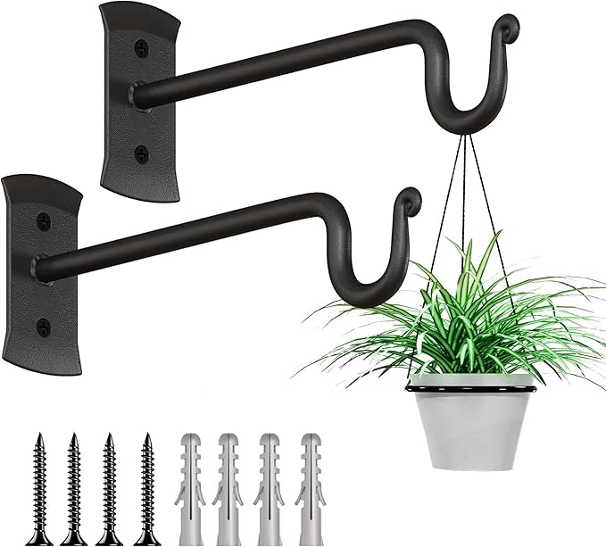 RTZEN Plant Hangers Indoor or Outdoor - Wrought Iron Metal Hanger Indoor Hook - Heavy Duty Wall Bracket Hooks for Hanging Plants Baskets Lanterns Wind Chimes - 2 Pack (Black Shepherds Hooks 10") RTZEN