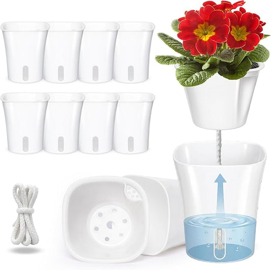 10 Pack 3 Inch Self Watering Pots for Indoor Plants, White Plastic Planters with Water Level Indicator, Drainage Holes & Wick, Small Plant Pots for Cuttings, Seedlings, Herbs, African Violets Rootora