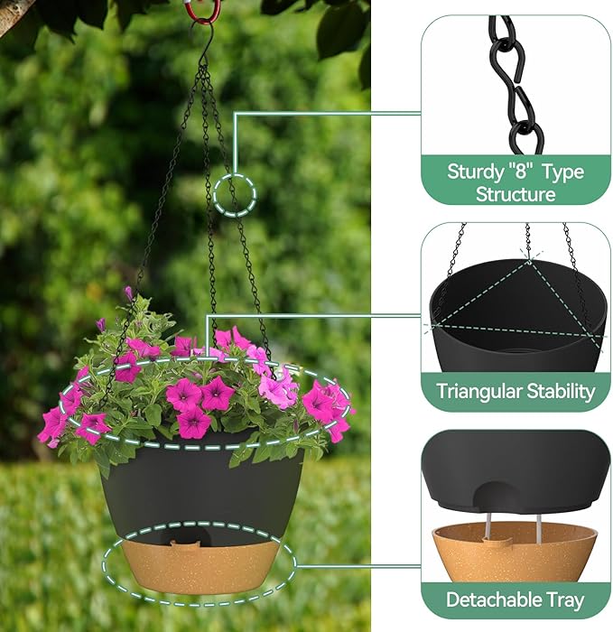 ZMTECH 12 Inch Hanging Planters for Indoor Outdoor Plants, 1 Pack Self Watering Hanging Plant Pots with Drainage Holes and Removable Saucer, Plastic Flower Hanging Pots with Watering Lip (Black) HighQualityGardeningTools