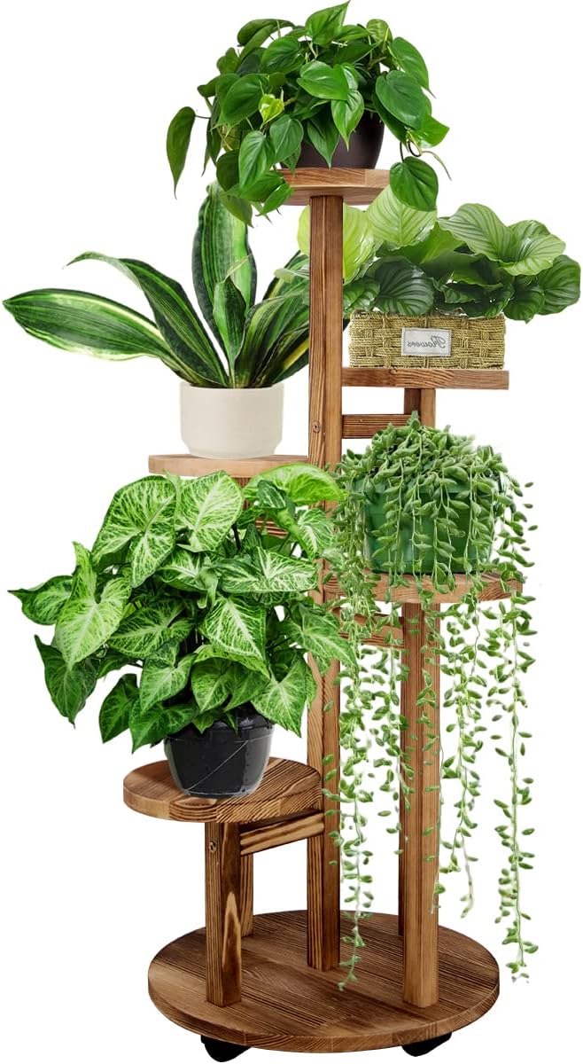 GEEBOBO 5 Tiered Tall Plant Stand for Indoor, Wood Plant Shelf Corner Display Rack, Multi-tier Planter Pot Holder Flower Stand for Living Room Balcony Garden Patio (Walnut) GEEBOBO