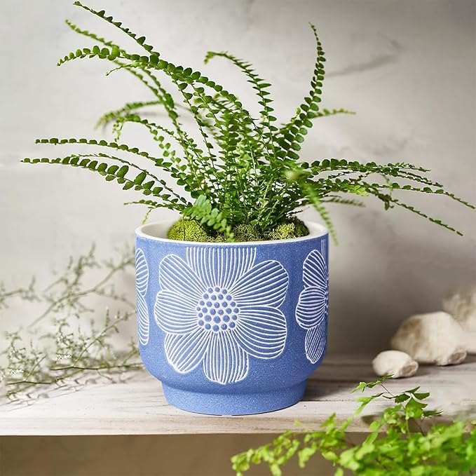 YBX 8 Inch + 6 Inch White Flower Pattern Plant Pots, Sand Glazed Ceramic Planter with Drainage Hole, Flower Pots for Indoor Plants, Blue YBXYIBOXUAN
