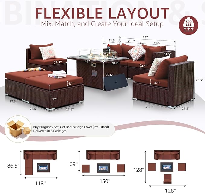 NICESOUL 7 Piece Outdoor Sofa Sectional with Firepit Natural Gas & Propane, Extra Large Patio Furniture Set for Heavy People, Deep Modular Wicker Conversation Sitting, Brown Rattan and Red Cushion NICESOUL