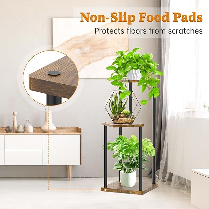 3 Tier Corner Plant Stand Indoor, Metal Wood Flower Pot Holder Shelf, Multiple Display Rack Square Table for Living Room Bedroom Orchid Outdoor Balcony Garden Patio, Modern Black & Rustic Brown Oppro