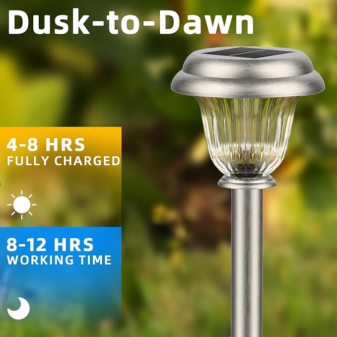 DERAYSION Solar Lights Outdoor Waterproof, Brushed Stainless Steel Glass Solar Pathway Lights, Auto On/Off Long-Lasting Outdoor Solar Lights for Garden, Landscape, Path, Yard 6 Pack DERAYSIONSolarLighting