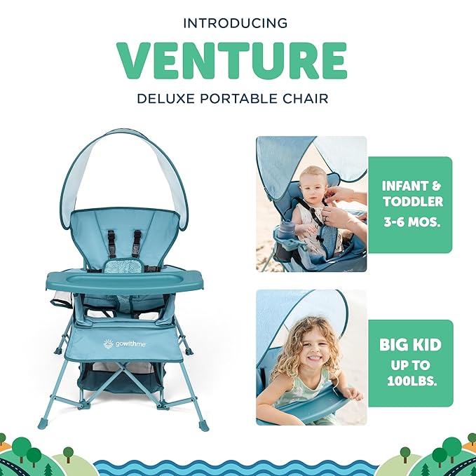 Baby Delight Go with Me Venture Portable Chair | Indoor and Outdoor | Sun Canopy | 3 Child Growth Stages | Blue Wave BabyDelight