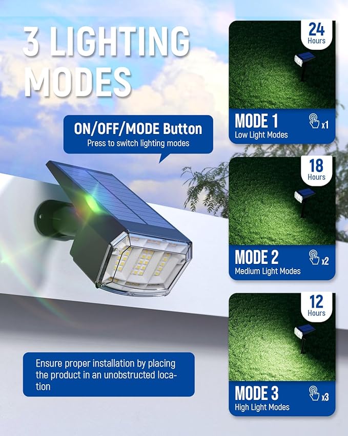 Solar Spot Lights Outdoor Waterproof 2 Pack IP65, 63 LED 3 Lighting Modes Spotlights for Yard Garden House Garage Pathway AUDERWIN