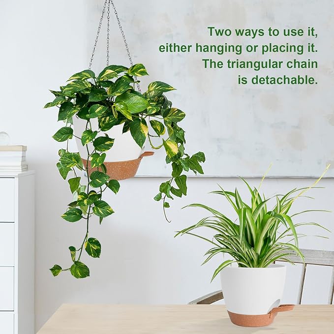 10/9/8 Inch Hanging Planter for Indoor Outdoor Plants, 3 Pack Self-Watering Hanging Pot with Drainage Holes Hanging Planter Baskets Plant Pots with Removable Tray (White+Brown) Lucieblessdesign