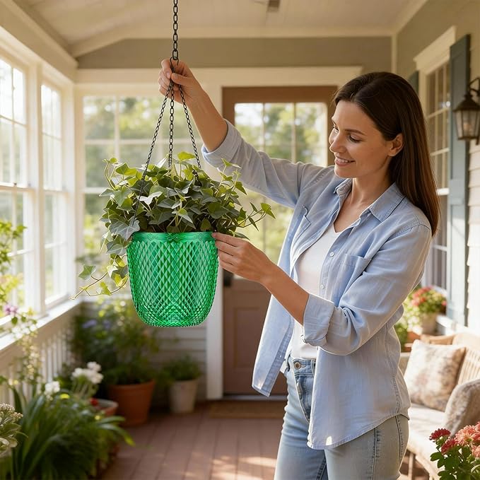 QCQHDU Self Watering Hanging Pots, 2 Pack 5.7 Inch Hanging Planters for Plants Indoor, Outdoor Flower Pots with Drainage Holes and 3 Hooks Chains for Garden Home (Emerald) QCQHDU