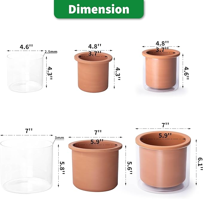 Phoenix Vine 4 Inch 6 Inch Self Watering Plants Pots, Design Terracotta Pots for Plants, Indoor Cylinder Terra Cotta Planter with Glass Vase Set, 51-A-G-46 Phoenix+Vine