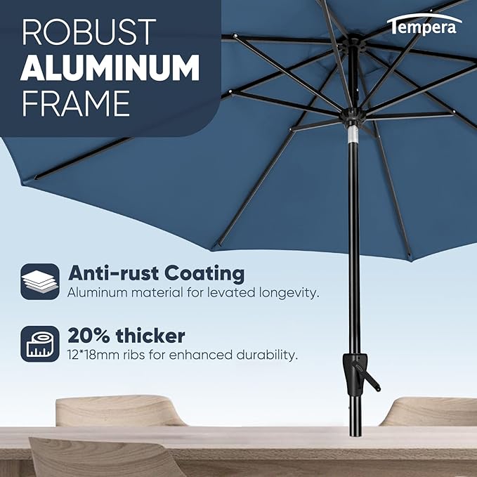 Tempera Patio Market Outdoor Table Umbrella with Auto Tilt and Crank, Large Sun Umbrella with Sturdy Pole & Fade Resistant Canopy, Easy to Set TemperaPatioLife
