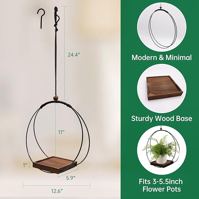 2 Pack Hanging Planter for Indoor Plants, Black Plant Hanger with Sturdy Wood Base, Modern Boho Macrame Hanger, Wall Ceiling Window Planter (Plants/Pots Not Included) hismocal