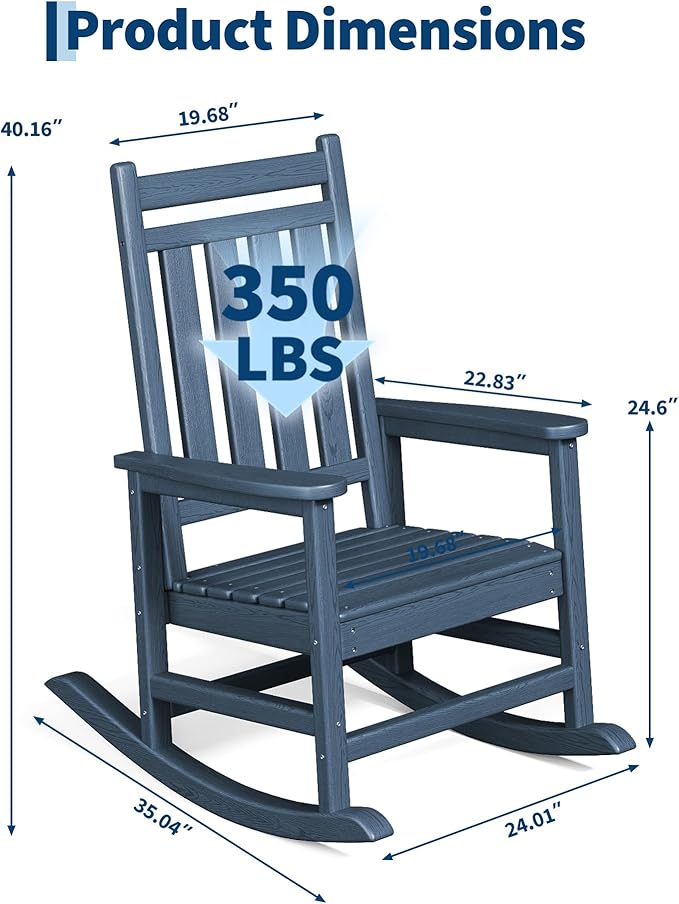 HDPE Rocking Chair Outdoor Set of 2 - Poly High Back Porch Rocker Chairs for Adults - All Weather Resistant Furniture for Patio Front Porch - Navy Blue Garvee