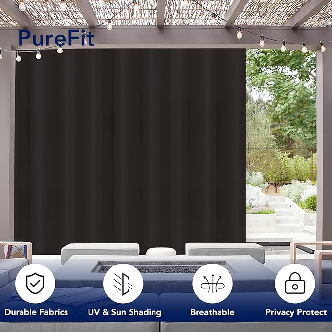 PureFit Outdoor Curtains for Patio Waterproof Weatherproof, UV Resistant Outside Curtains for Gazebo, Front Porch, Pergola, Sun Blocking Privacy Curtain, 120W x 84L inch, 1 Panel, Chocolate PureFit