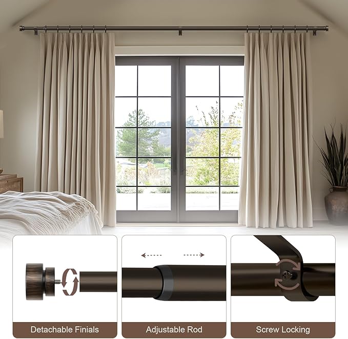 2 Pack Modern Antique Brown Bronze Curtain Rods for Windows 16 to 60 Inches Adjustable Heavy Duty 1" Diameter Window Rod with Decorative Finials for Outdoor Farmhouse Bedroom Kitchen Living Room Rootora