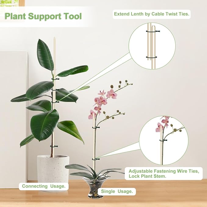 120 PCS Bamboo Plant Stakes 18 Inch, Wood Plant Support for Gardening for Potted Floral Plant, Indoor Wooden Sign Posting Garden Stick, Crafts Sticks with 120 PCS Wires(4") CJFocus