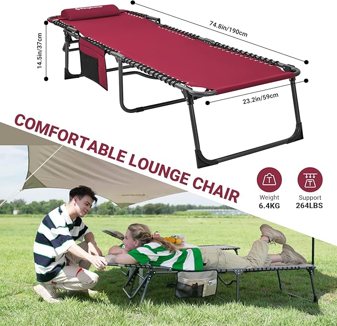 KingCamp Lounge Chair Outdoor, Folding Portable Tanning Chairs Comfy Adjustable 5-Position Lay Flat Foldable Chaise Chaser Lounger with Pillow for Outside Beach Patio Sun Bathing Pool Backyard, Wine KingCamp