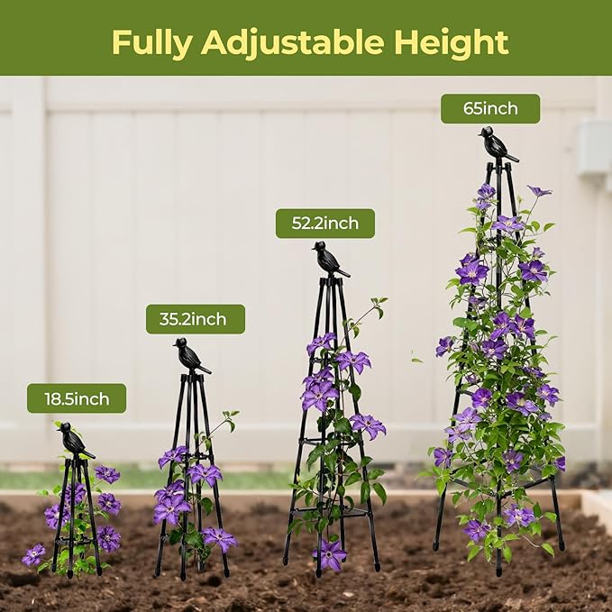 Garden Trellis for Climbing Plants Outdoors,65" Tall Cucumber Trellis Garden Obelisk Trellis Rustproof Plants Support with Adjustable Heights for Indoor Potted Plants, Vines, Vegetables MQHUAYU