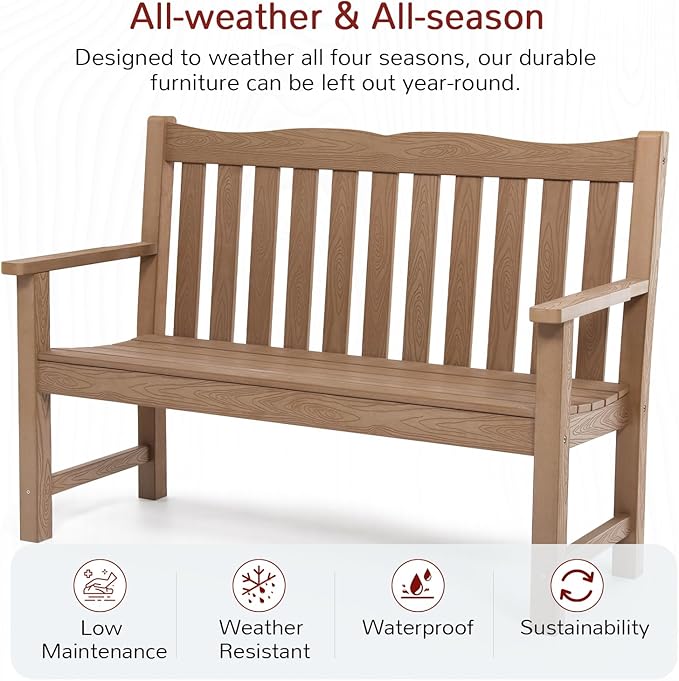 Stoog Outdoor Benches Set of 2, 2-Person Poly Lumber Garden Bench with Real Wood Look, Never Fade & Rust-Proof, All-Weather for Patio, Porch, Deck, and Backyard, Teak Stoog