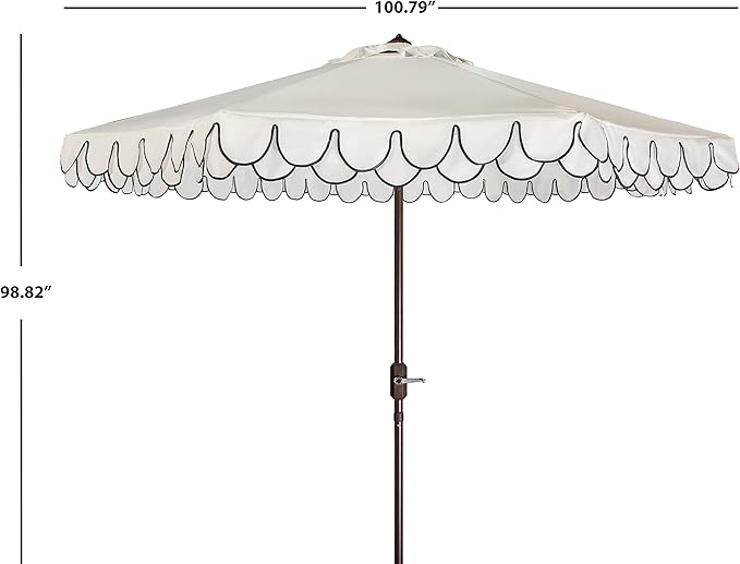 SAFAVIEH 9ft Outdoor Patio Umbrella, Round, Valance, Ivory & Black Trim, Auto Crank Tilt, UV Resistant for Deck, Backyard, Poolside (PAT8006E) SAFAVIEH