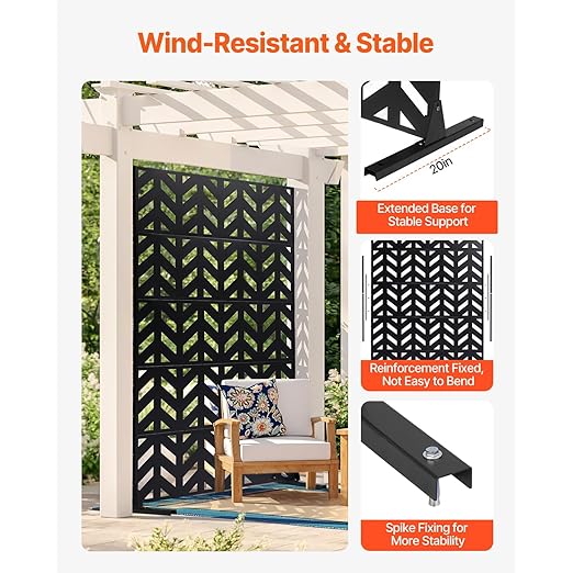 VEVOR Metal Privacy Screen, 47" W x 72" H, Outdoor Privacy Screens 5-Panel, Freestanding Outdoor Divider with Stand, Decorative Garden Steel Privacy Fence for Balcony Patio Indoor Room Black VEVOR