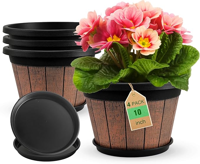 Quarut 4 Pack 10 inch Plant Pots,Upgrade Whiskey Barrel Planters with Drainage Holes & Saucer,Plastic Decoration Flower Pots Retro Design,Planters for Outdoor Indoor Garden Home Plants (Brown) Quarut