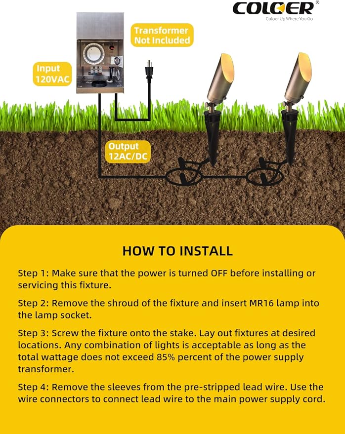 COLOER Brass Landscape Spotlights, 6 Pack Spotlight Fixture Outdoor with 5W Aluminum Housing MR16 LED Bulb 2700K 450LM,12V AC/DC Low Voltage Landscape Lighting,Uplight for Garden and Patio(103B) COLOER