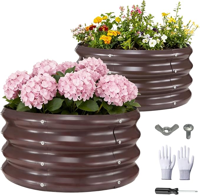 GOOZOO 2PC Galvanized Planter Raised Garden Beds, 2x2x1ft Raised Garden Bed Kit for Gardening Outdoor, Round Metal Land Planter Box for Vegetables, Fruits, Flowers（Brown） GOOZOO
