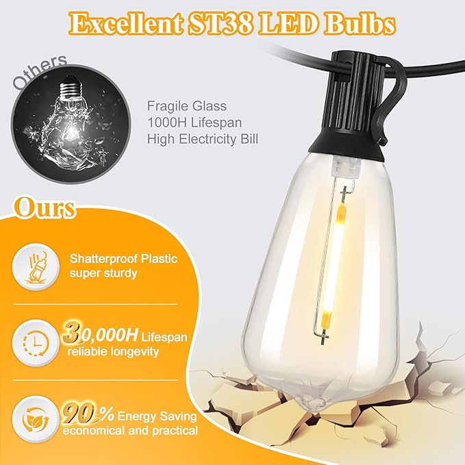 Brightever Outdoor String Lights, 25FT Patio Lights with 13 ST38 LED Edison Bulbs (1 Spare), Waterproof Connectable String Lights for Outside, Dimmable Hanging Light for Backyard Porch Decor, Black Brightever