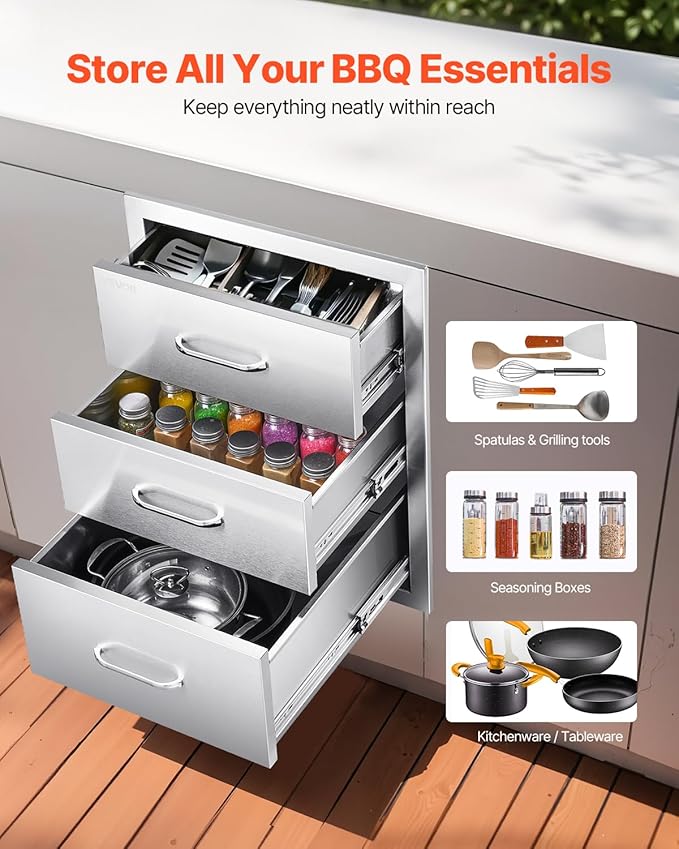 VEVOR Outdoor Kitchen Drawers 18.11" W x 23.23" D x 23.23" H, Triple-Access Stainless Steel Modular Drawer Cabinet with Handles, BBQ Island Drawer for Outdoor Kitchen or BBQ Island Patio Grill Station VEVOR