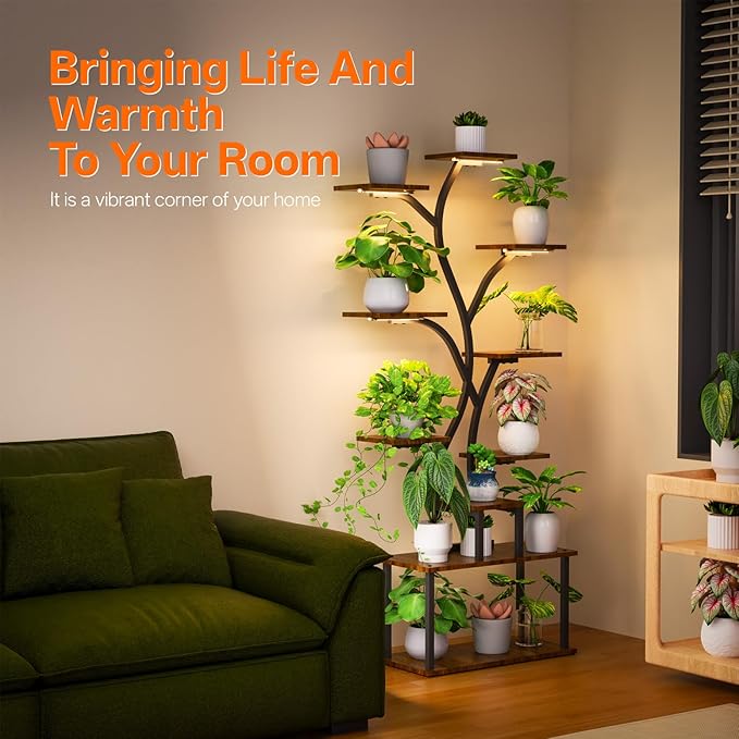 Bstrip 63 Inch Plant Stand with Grow Light, 10-Tier Plant Shelf for Indoor Plants, Decor Tree Shaped Flower Stand for Home, Corner & Patio Bstrip