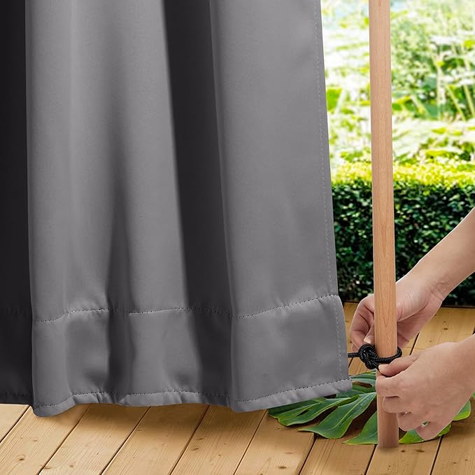 NICETOWN 2 Panels Outdoor Curtains for Patio Waterproof, W100 x L95 Windproof Extra Wide Grommet & Back Tab on Top & Bottom Thermal Insulated Sun Blocking Drapes with Rope for Gazebo, Grey NICETOWN