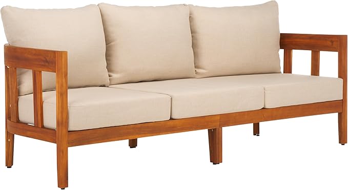 SAFAVIEH Outdoor Collection Owen Acacia Solid Wood Natural/Taupe Cushion 3-Seater Sofa SAFAVIEH