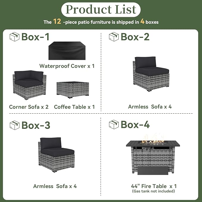 Aoxun 12 Piece Patio Furniture Set with 44” Fire Pit Table Wicker Rattan Outdoor Sectional Sofa Set with Coffee Table and Thickened Cushions, Grey/Black (Waterproof Cover Included) Aoxun