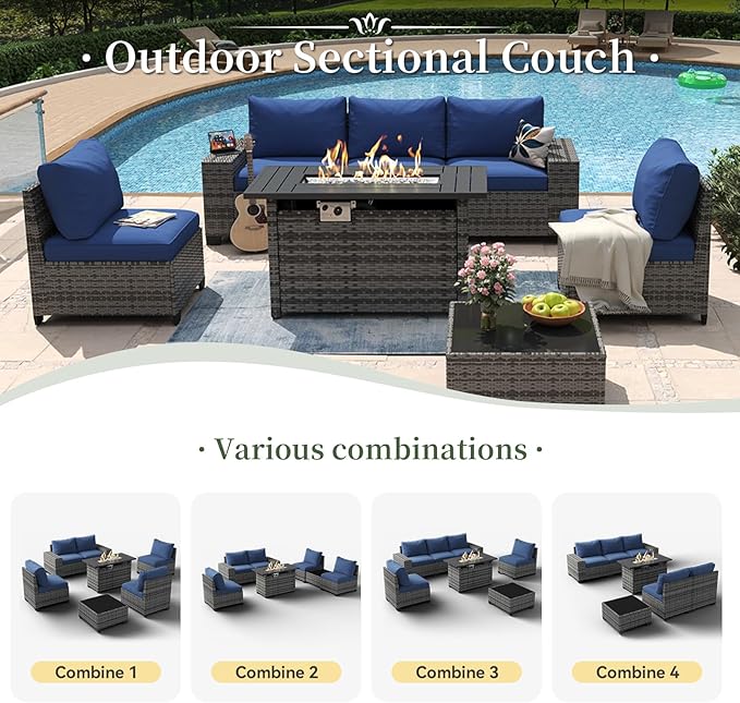 Aoxun 7 Piece Patio Furniture Set with Wide Armrests & 44” Fire Pit Table Wicker Rattan Outdoor Sectional Sofa Set with Coffee Table and Thickened Cushions, Gray/Blue(Waterproof Cover Included) Aoxun