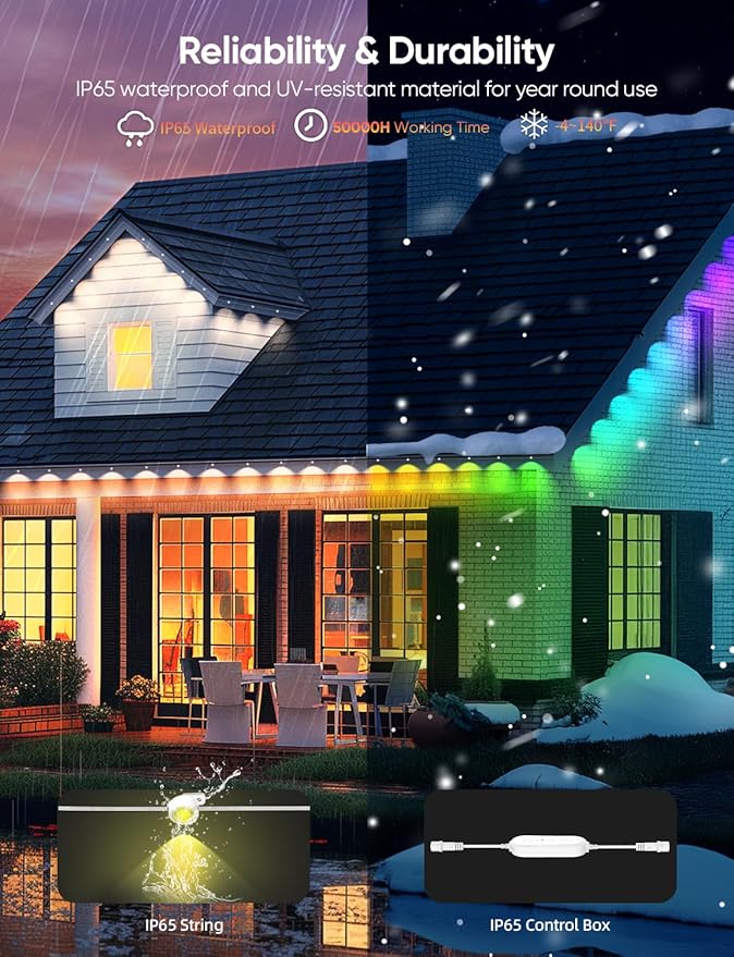 APPECK Permanent Outdoor Lights 50ft with 36 RGBW LEDs, 111 Scene Modes, Eaves Lights with 40lm Warm White, for Daily Holiday House Decor, App/Voice/Remote Control, White APPECK