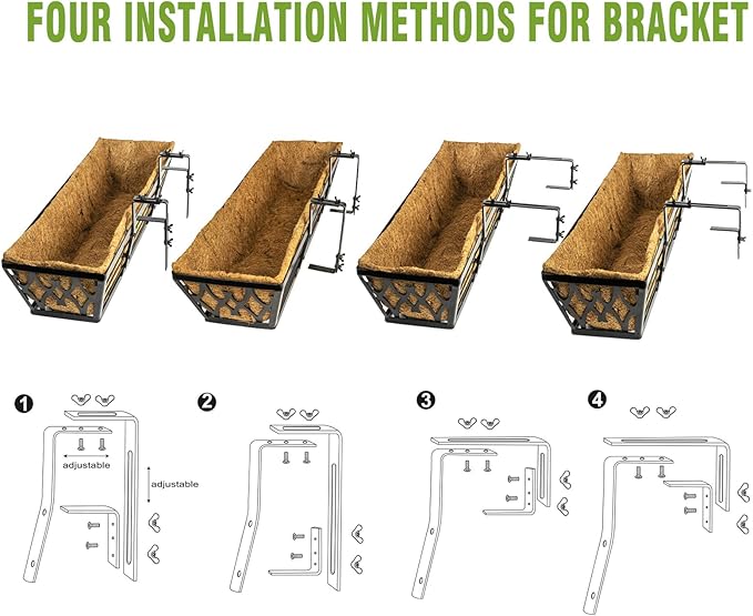 2 Pack 30 Inch Window Boxes Planters Railing Planter Box with Adjustable Brackets for Porch Fence Patio Balcony Hanging Flower Baskets with Coco Liners for Outdoor Garden Decor - Black KarlliuHOMEGARDEN