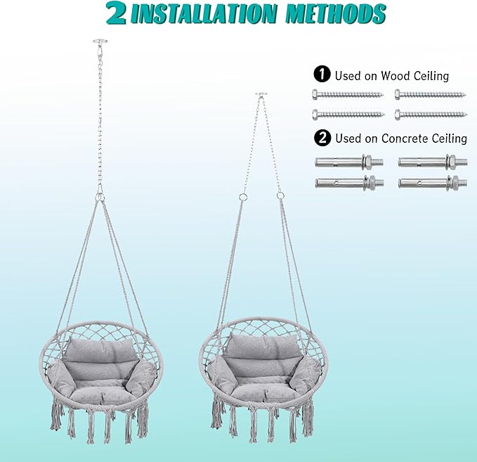 Macrame Hammock Hanging Swinging Chair with Medium Cushion, Perfect for Bedroom, Porch, Adults, Balcony, Grey KROFEM