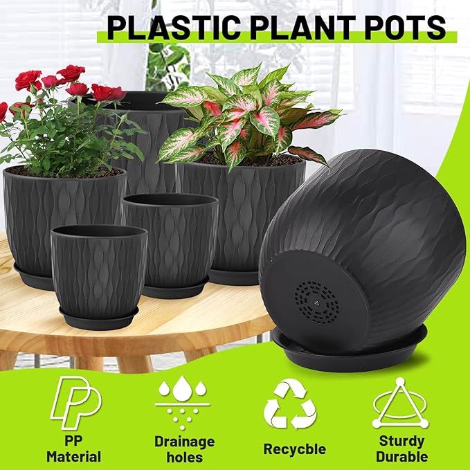 Plastic Plant Pots 10/9/8/7.5/7 inch Set of 5, Flower Planters with Drainage Holes and Saucers, Plastic Pots for Indoor Outdoor Plants, Livingroom Garden Decor (Black) LesOasis